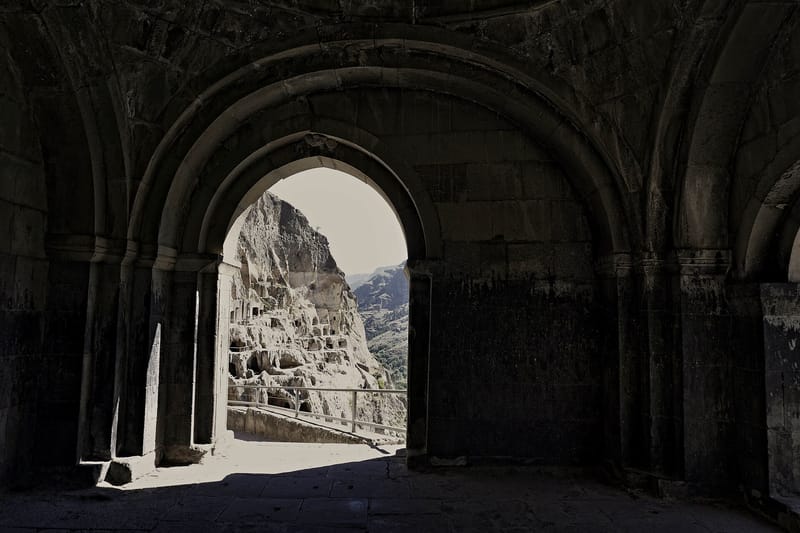 Wide view of the Vardzia cliff city in southern Georgia